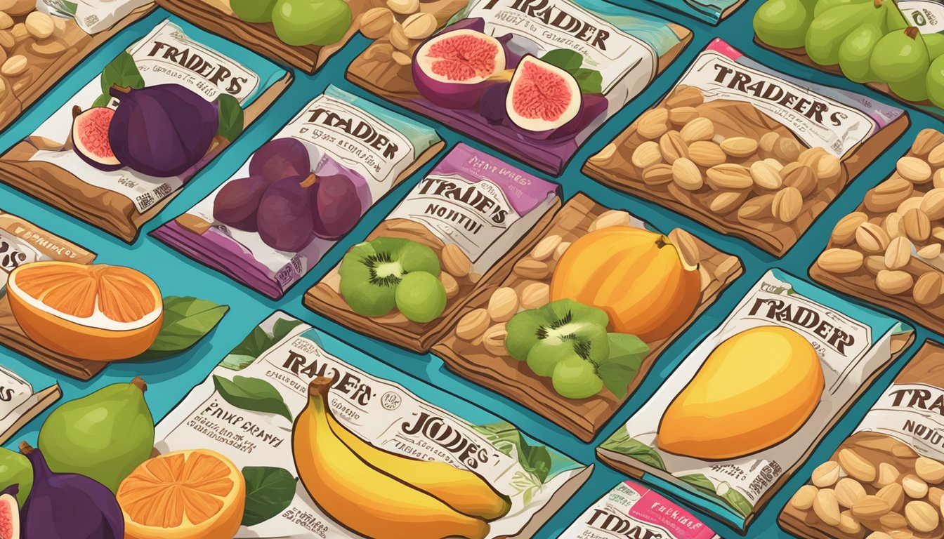 A pile of Trader Joe's fig bars surrounded by a variety of fruits and nuts, with a nutrition label in the background