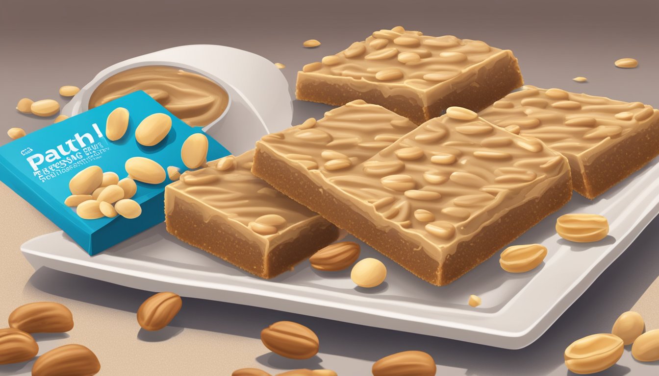 A table with two south beach peanut butter bars, surrounded by scattered peanuts and a nutritional facts label