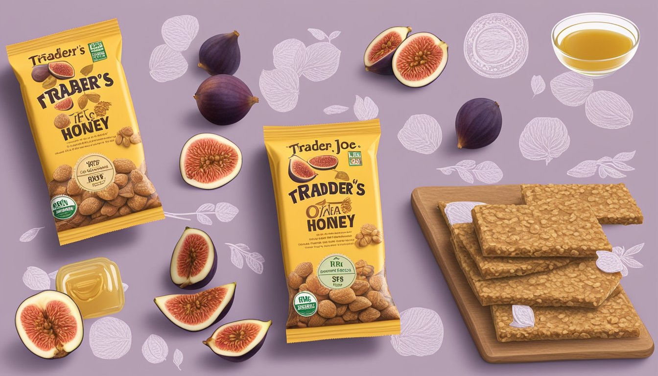 A table displays a box of Trader Joe's fig bars surrounded by fresh figs, oats, and honey, with a nutritional facts label in the background