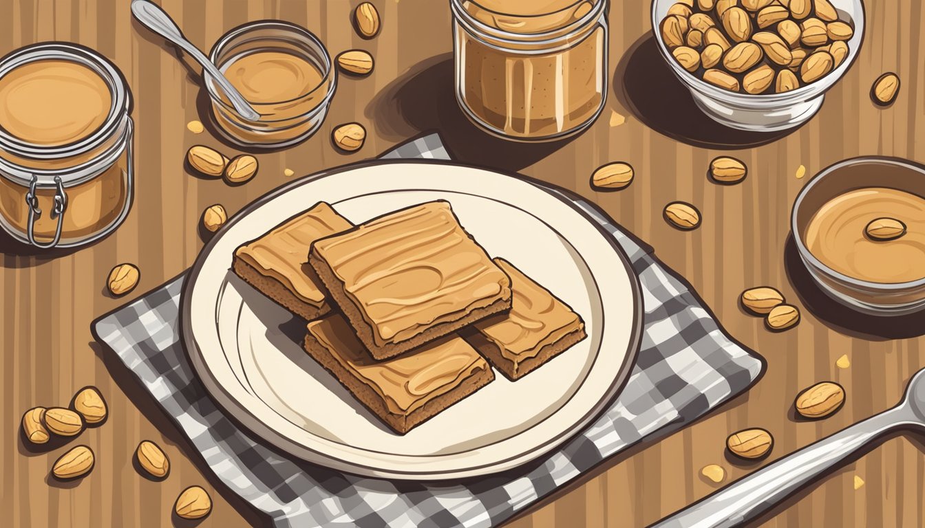 A table with a plate of peanut butter bars surrounded by scattered peanuts and a jar of peanut butter