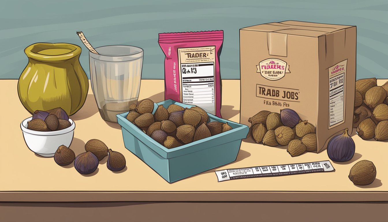 A table with a box of Trader Joe's fig bars surrounded by scattered figs, a measuring tape, and a nutrition label