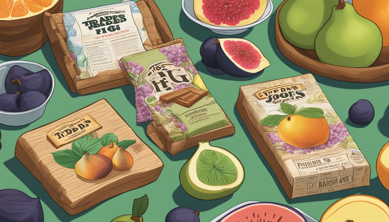 A table with a neatly arranged display of Trader Joe's fig bars surrounded by various fruits and a stack of informational pamphlets