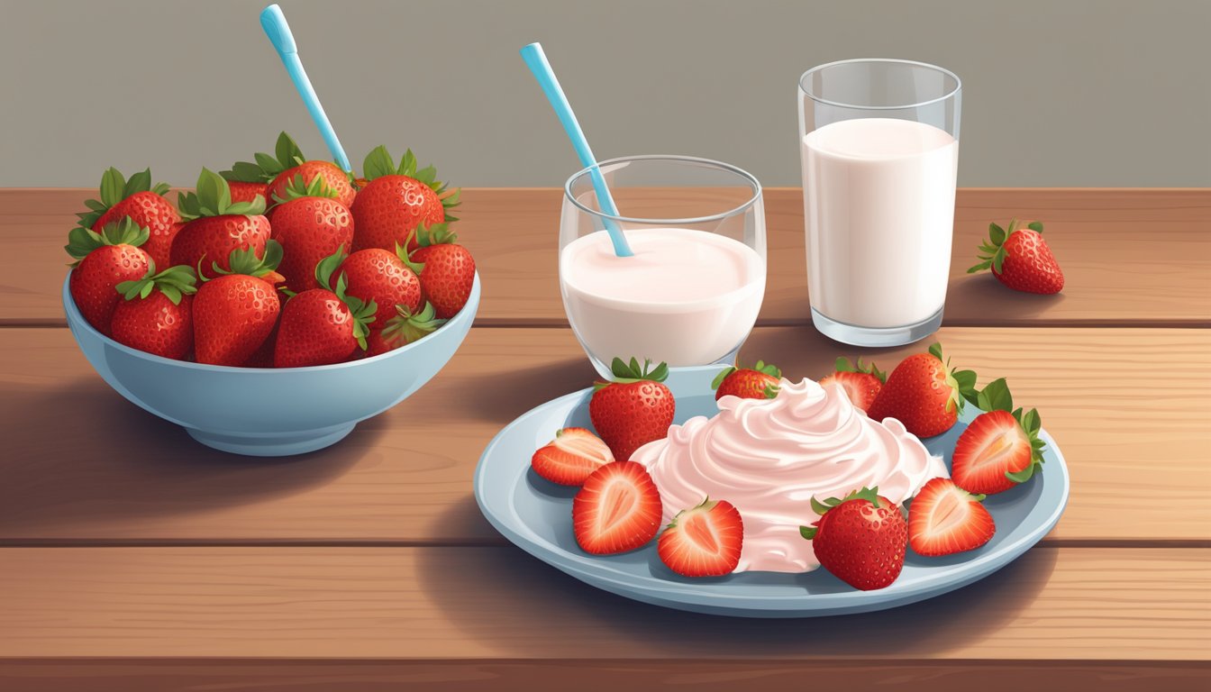 A bowl of Special K strawberry crisps surrounded by fresh strawberries and a glass of milk on a wooden table