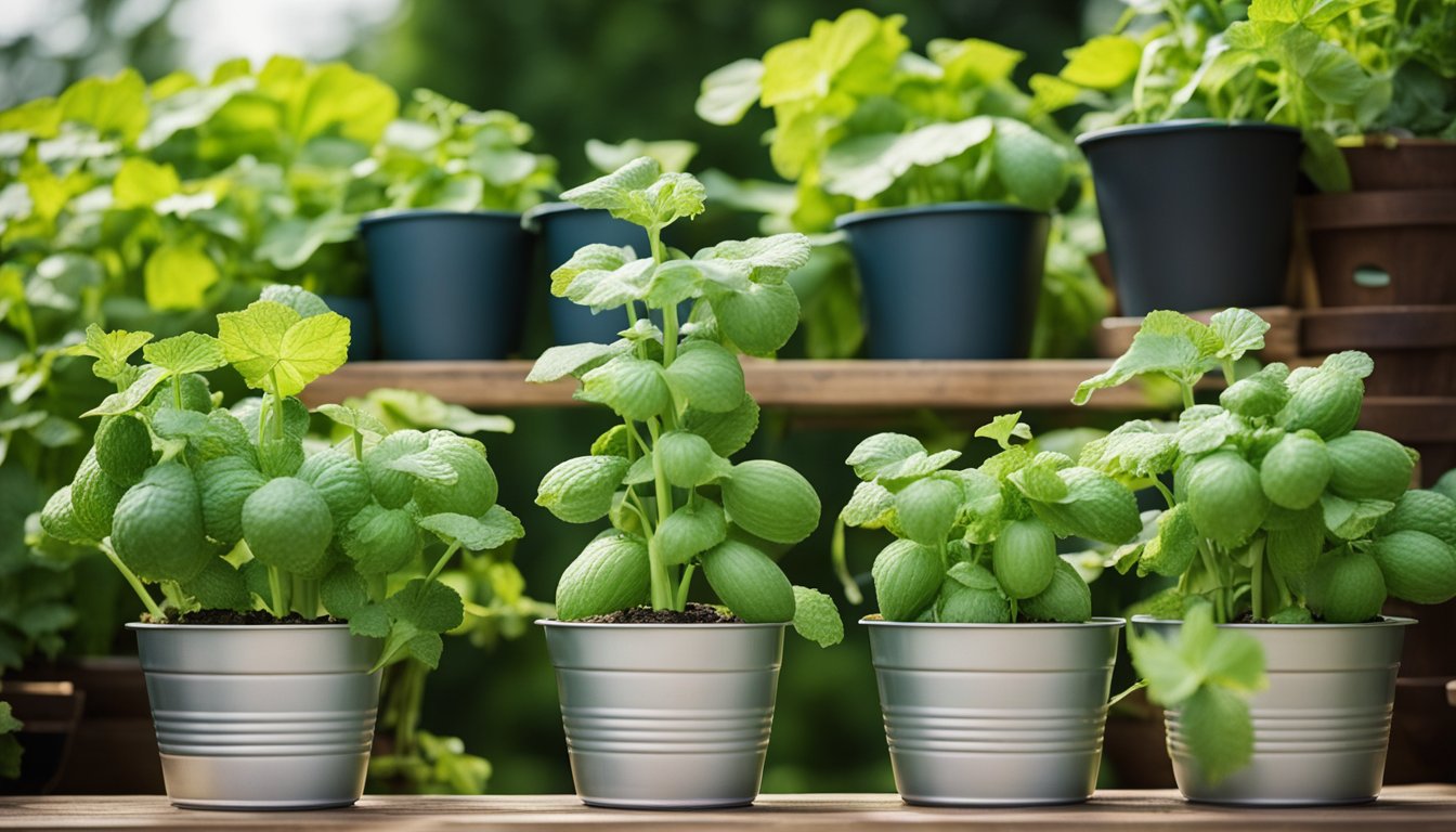 Multiple cucumber pots on tiered stand with vertical supports, plant markers, and collection basket on small patio