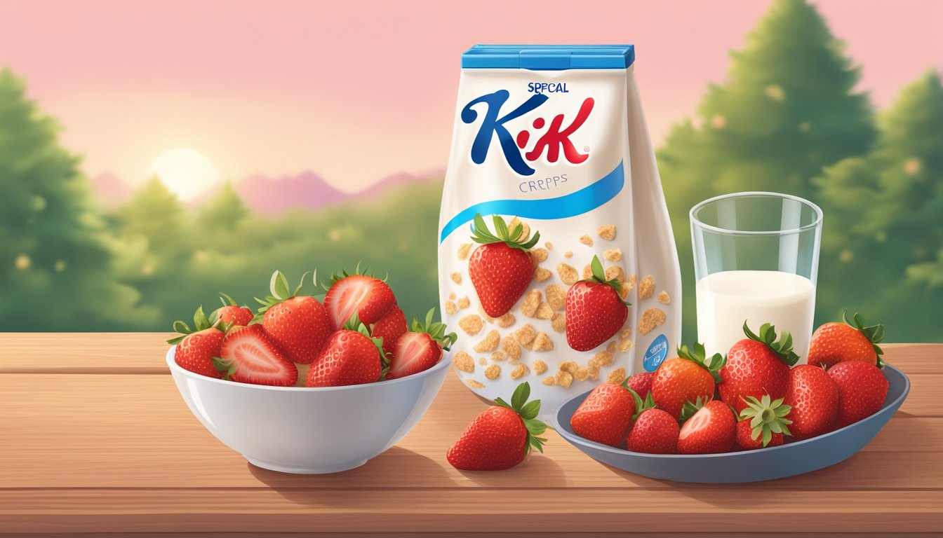 A bowl of Special K strawberry crisps surrounded by fresh strawberries and a glass of milk on a wooden table