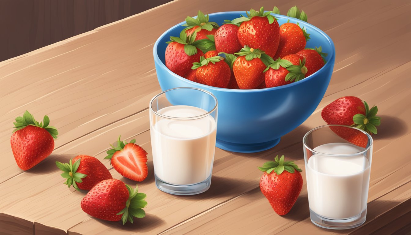 A bowl of Special K strawberry crisps surrounded by fresh strawberries and a glass of milk on a wooden table