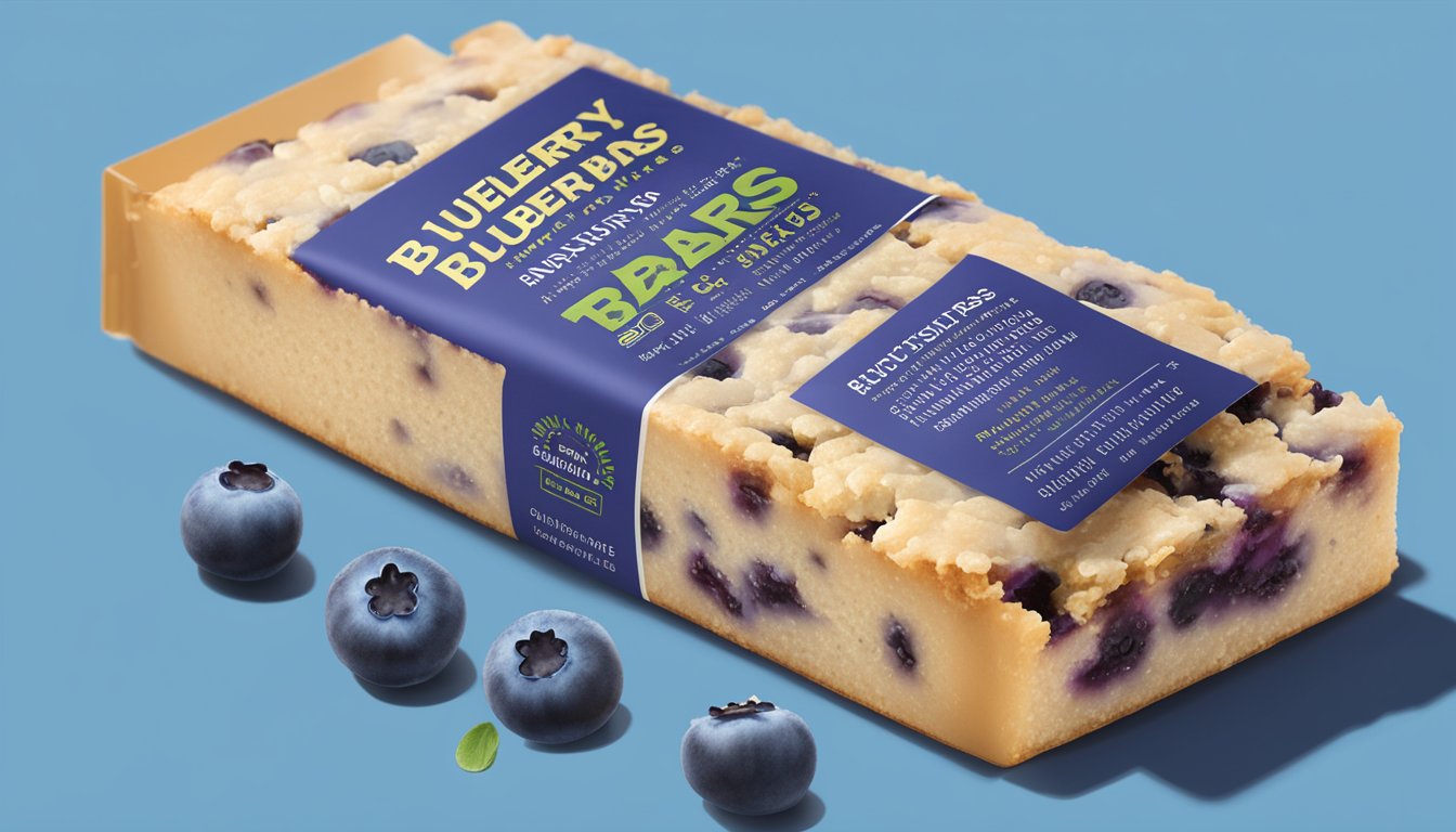 A stack of Trader Joe's Blueberry Bars with packaging and nutritional facts displayed