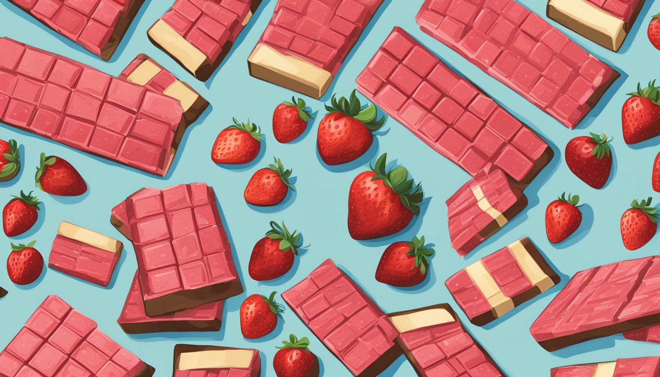 A table with assorted Trader Joe's strawberry bars and their nutritional labels spread out for comparison