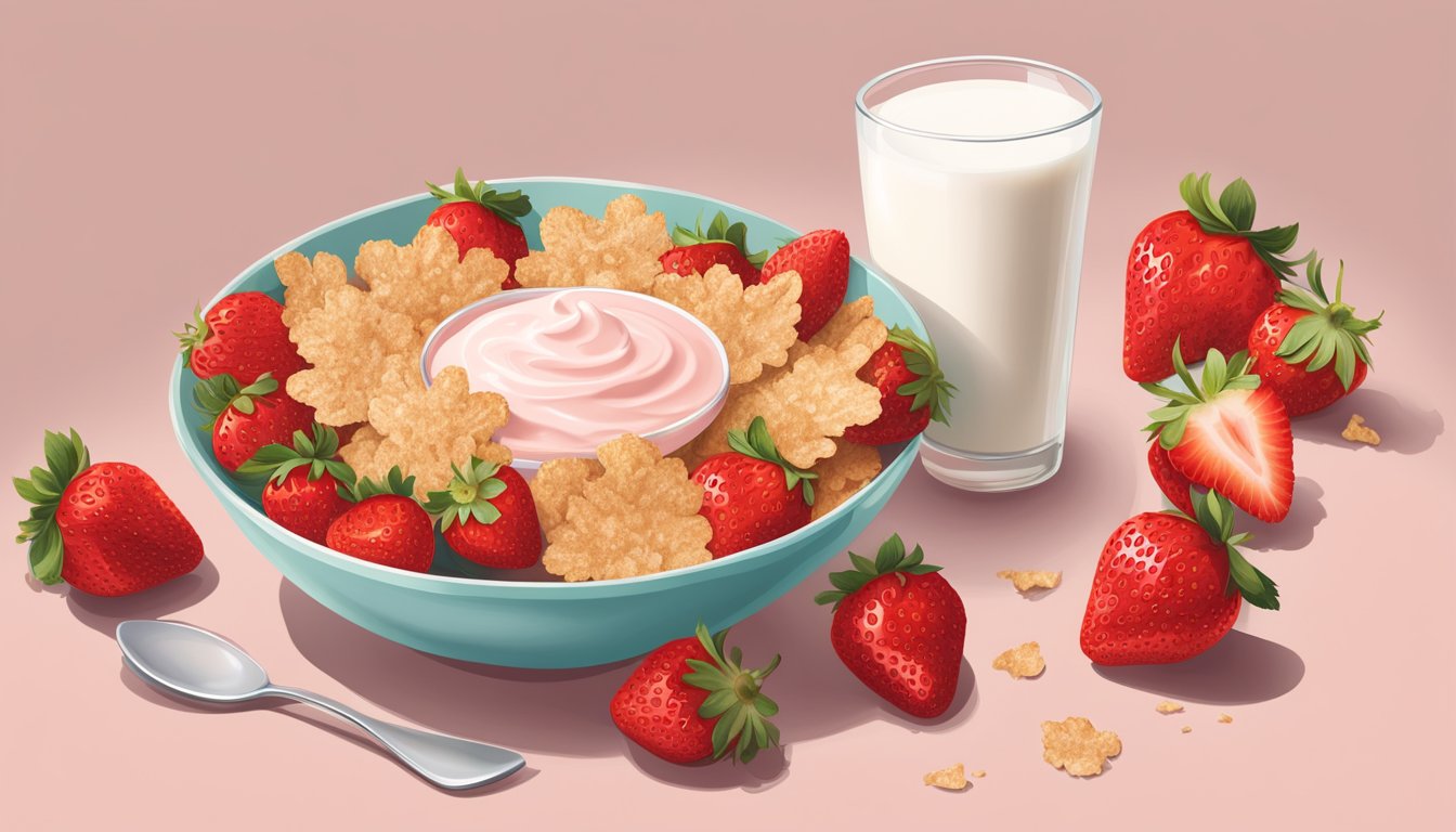 A bowl of Special K Strawberry Crisps surrounded by fresh strawberries and a glass of milk