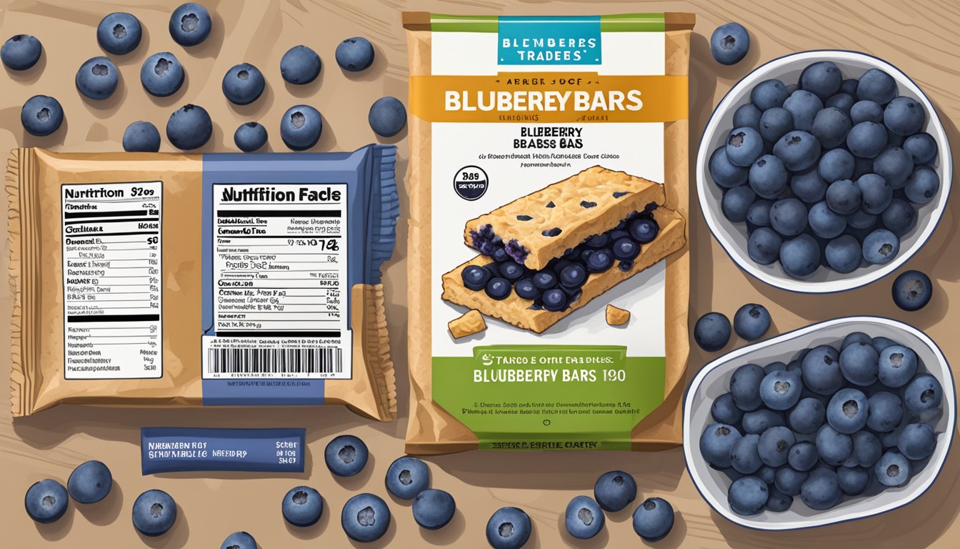 A table with a box of Trader Joe's blueberry bars, surrounded by scattered blueberries and a nutrition label