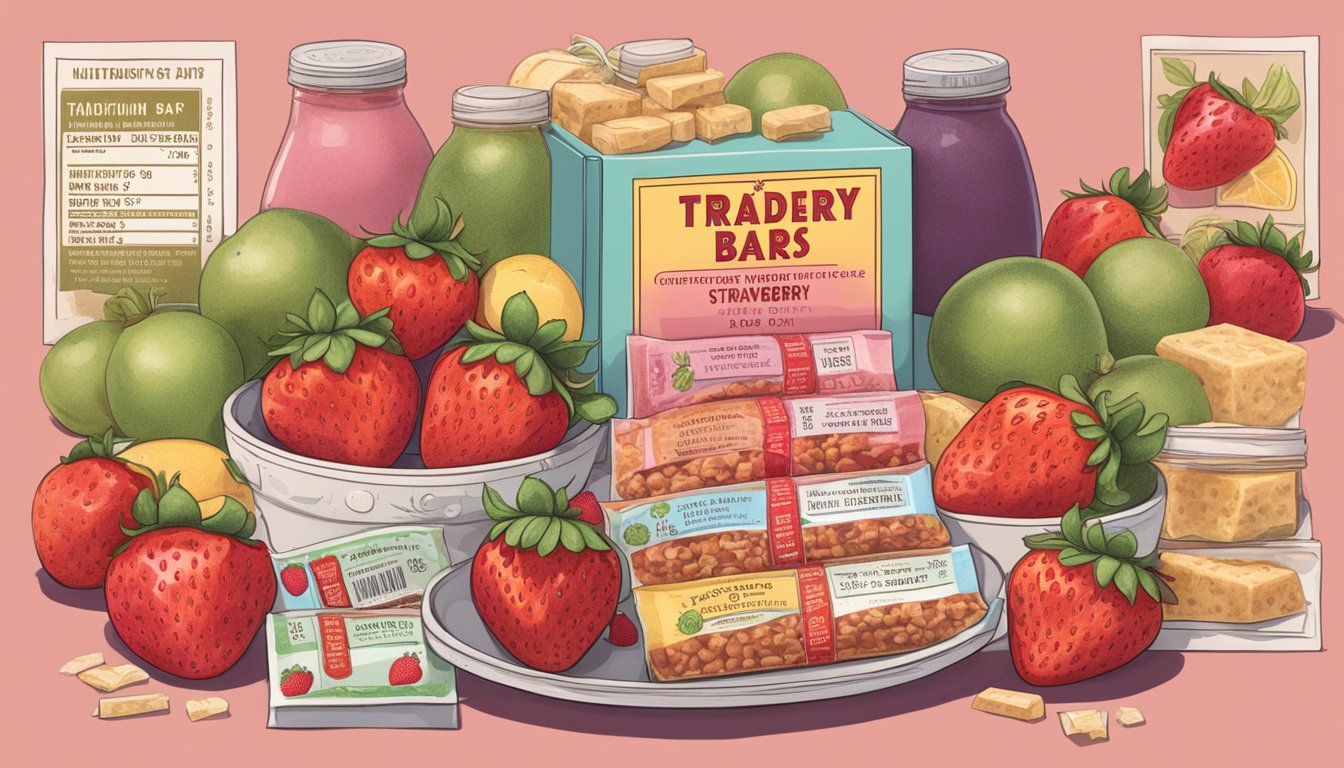 A table with a box of Trader Joe's strawberry bars surrounded by various fruits and a nutrition label