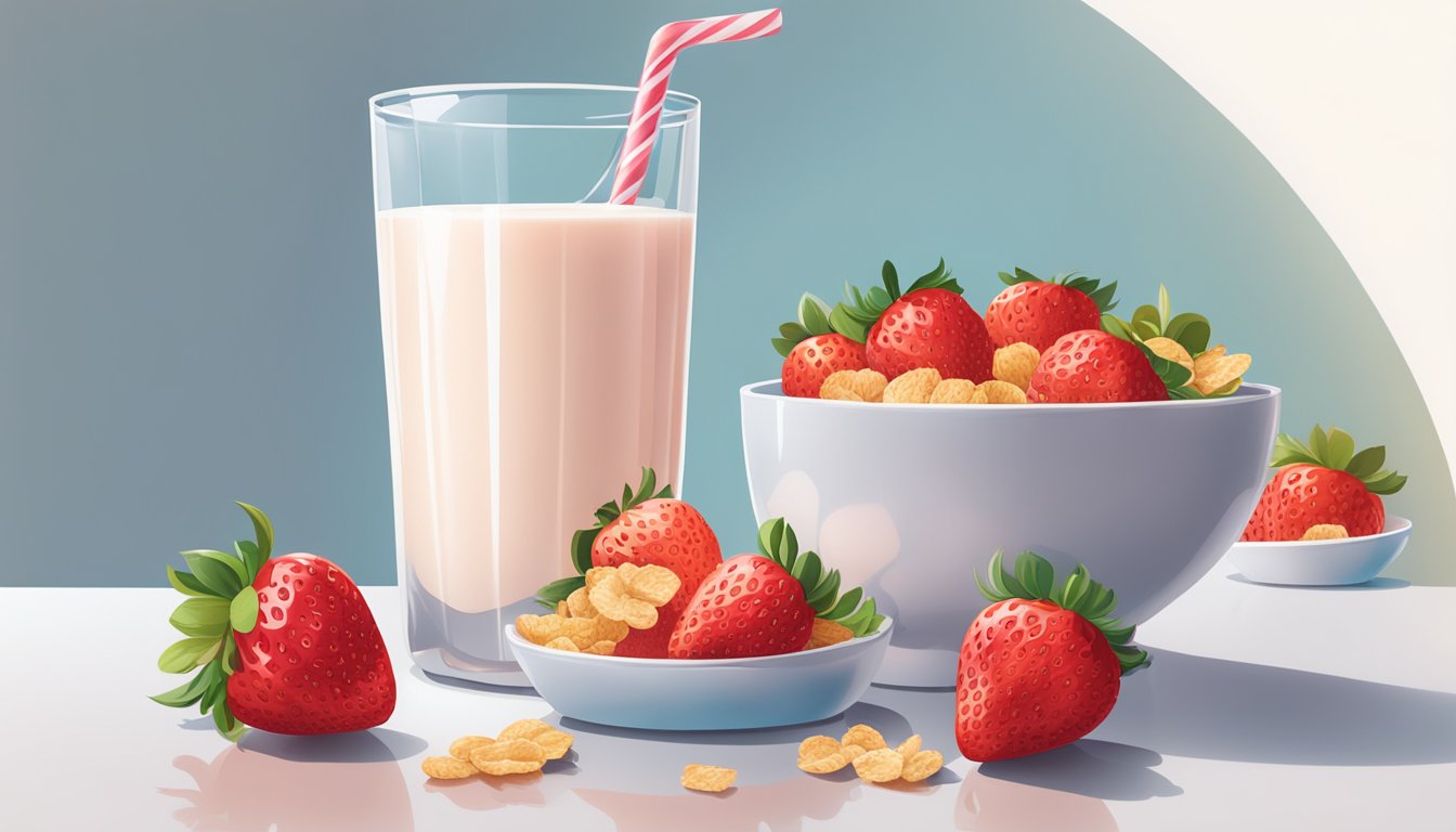 A bowl of Special K Strawberry Crisps surrounded by fresh strawberries and a glass of milk on a white table