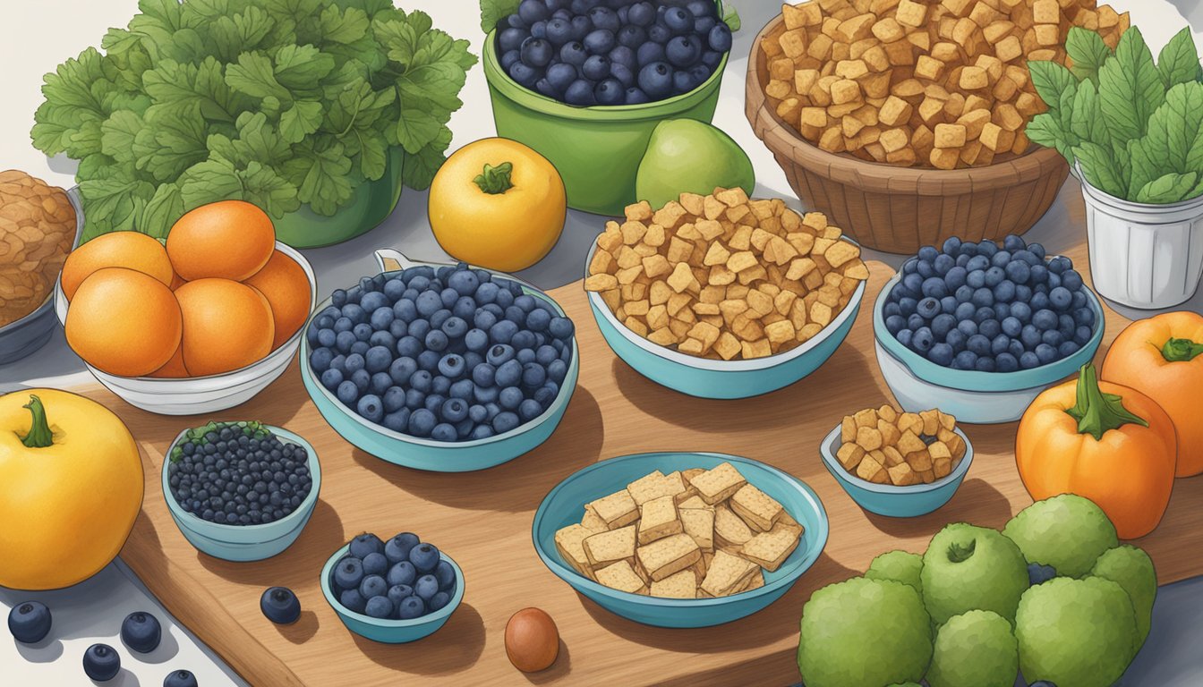 A table with a variety of healthy snacks, including Trader Joe's blueberry bars, surrounded by fresh fruits and vegetables