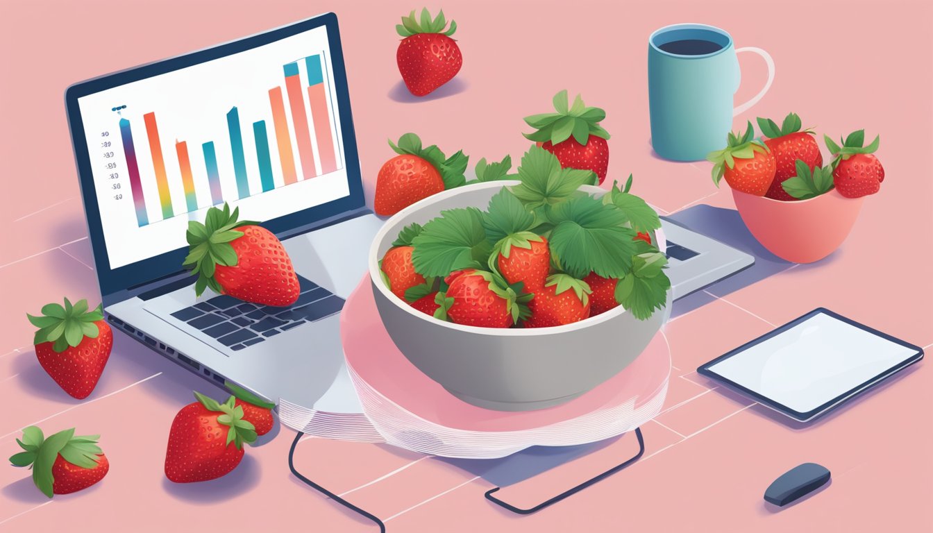 A bowl of Special K Strawberry Crisps surrounded by fresh strawberries and a laptop showing a graph of increasing website traffic