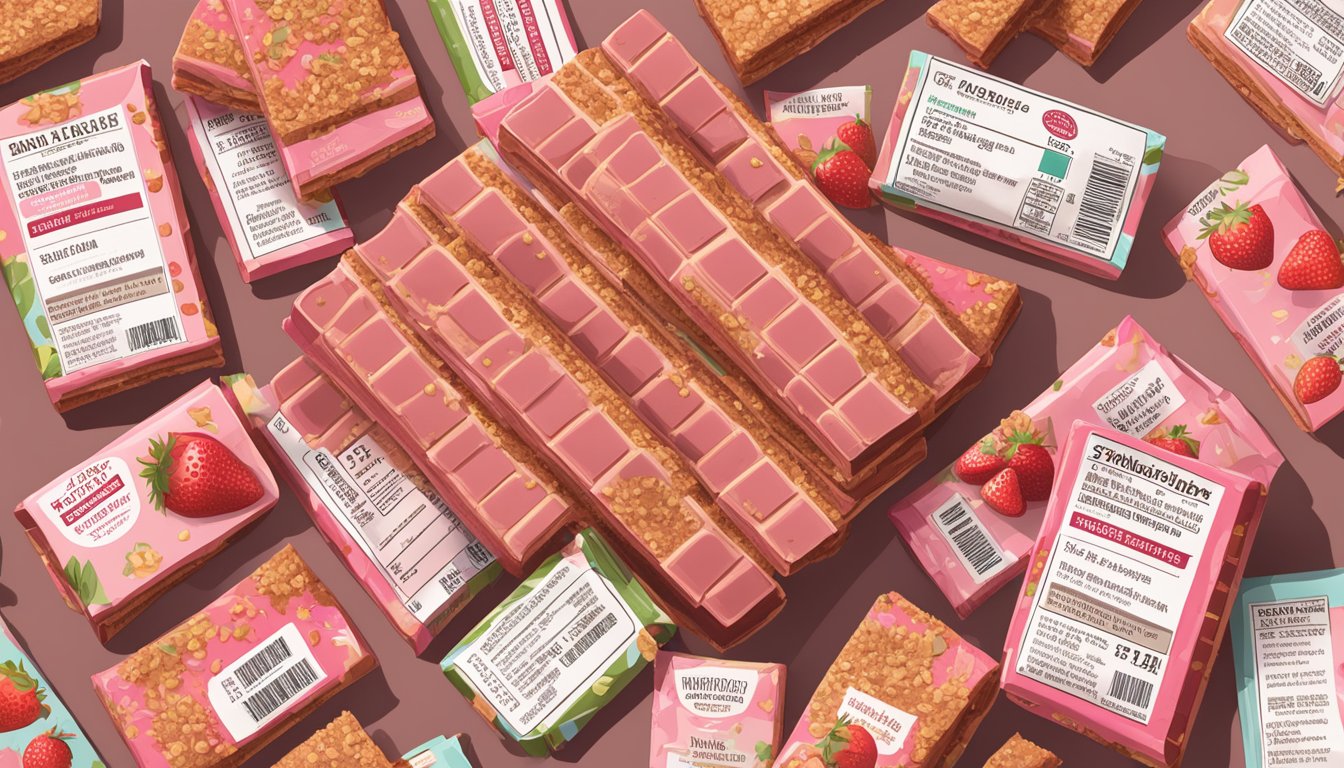 A stack of Trader Joe's strawberry bars surrounded by scattered nutritional facts