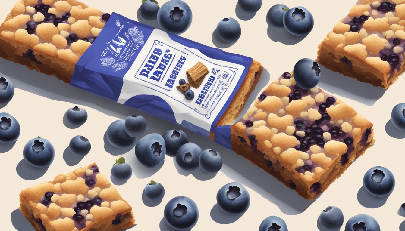 A table with a package of Trader Joe's blueberry bars, surrounded by scattered blueberries and a half-eaten bar on a plate