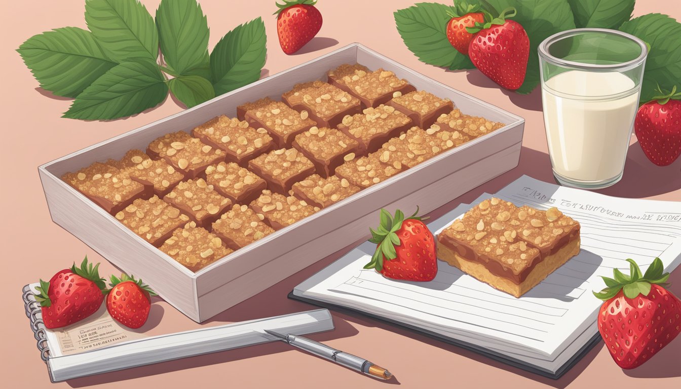 A table with Trader Joe's strawberry bars, surrounded by scattered berries and a notepad with nutritional information