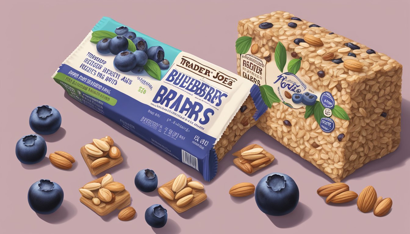 A colorful array of fresh blueberries, oats, and nuts arranged next to a package of Trader Joe's blueberry bars, with the nutritional facts visible