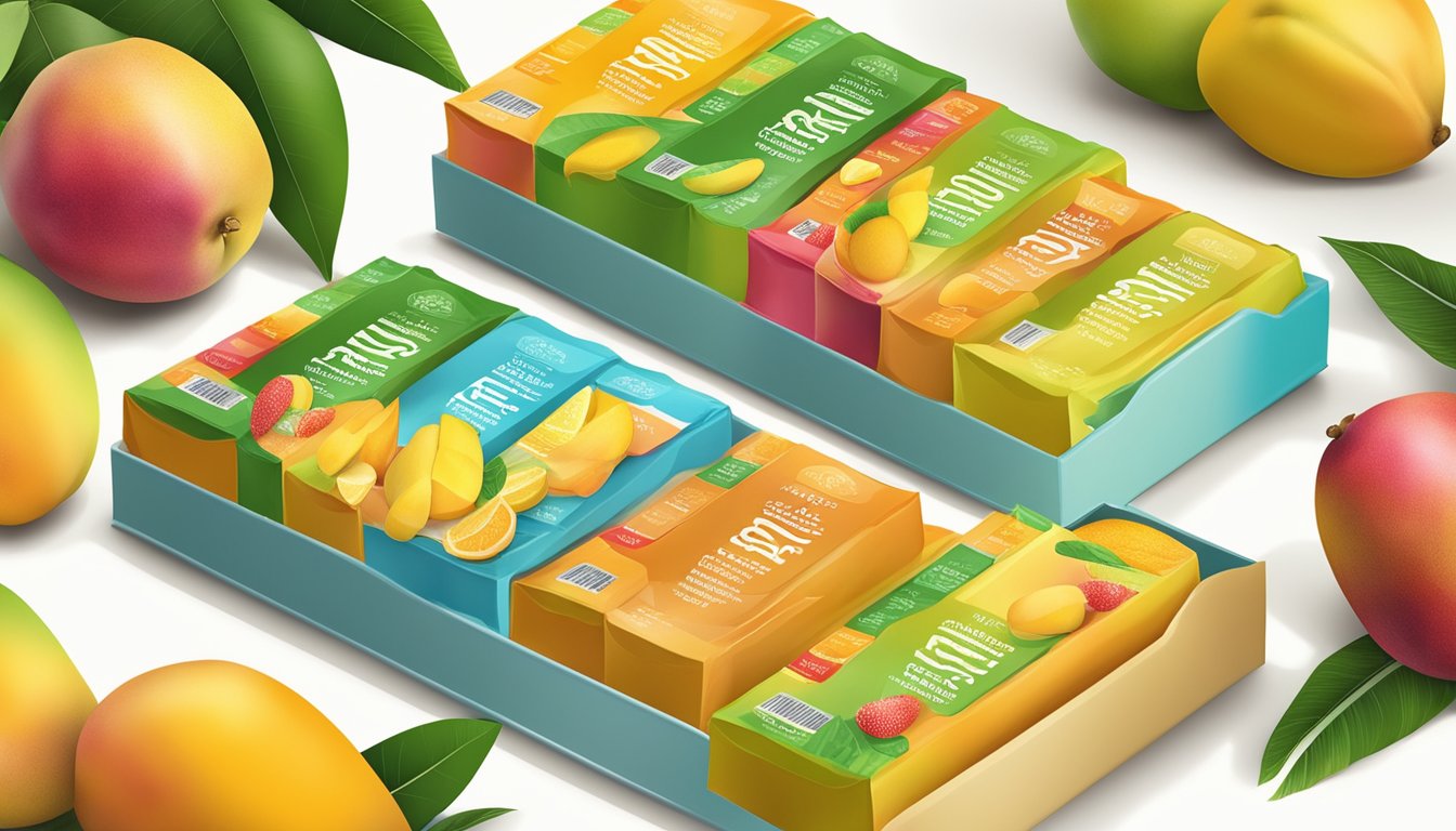 A colorful array of mango bars, surrounded by fresh mangoes and other tropical fruits, with a nutritional label in the foreground