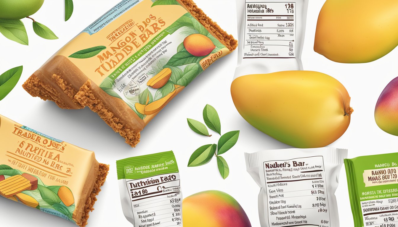 A colorful array of Trader Joe's mango bars with nutritional facts displayed nearby