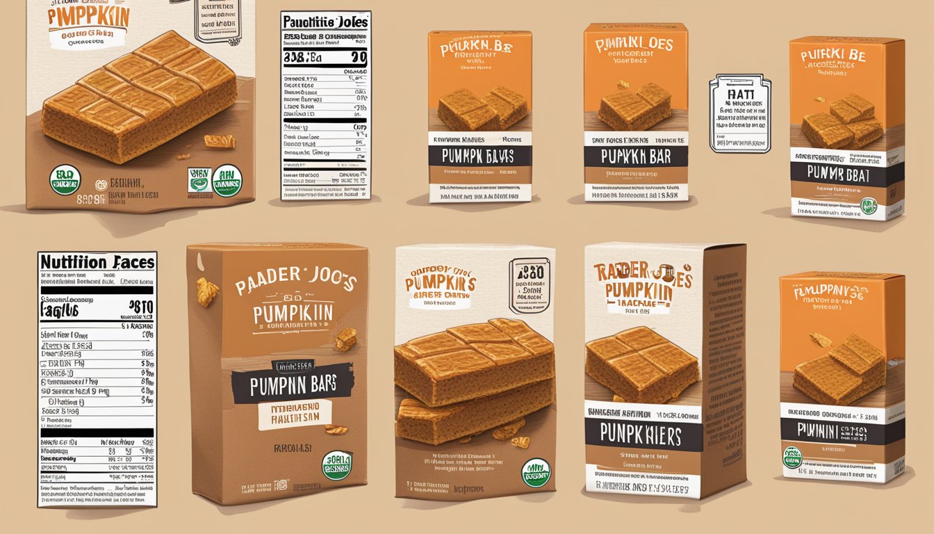 A display of Trader Joe's Pumpkin Bars with a stack of boxes and a nutrition label