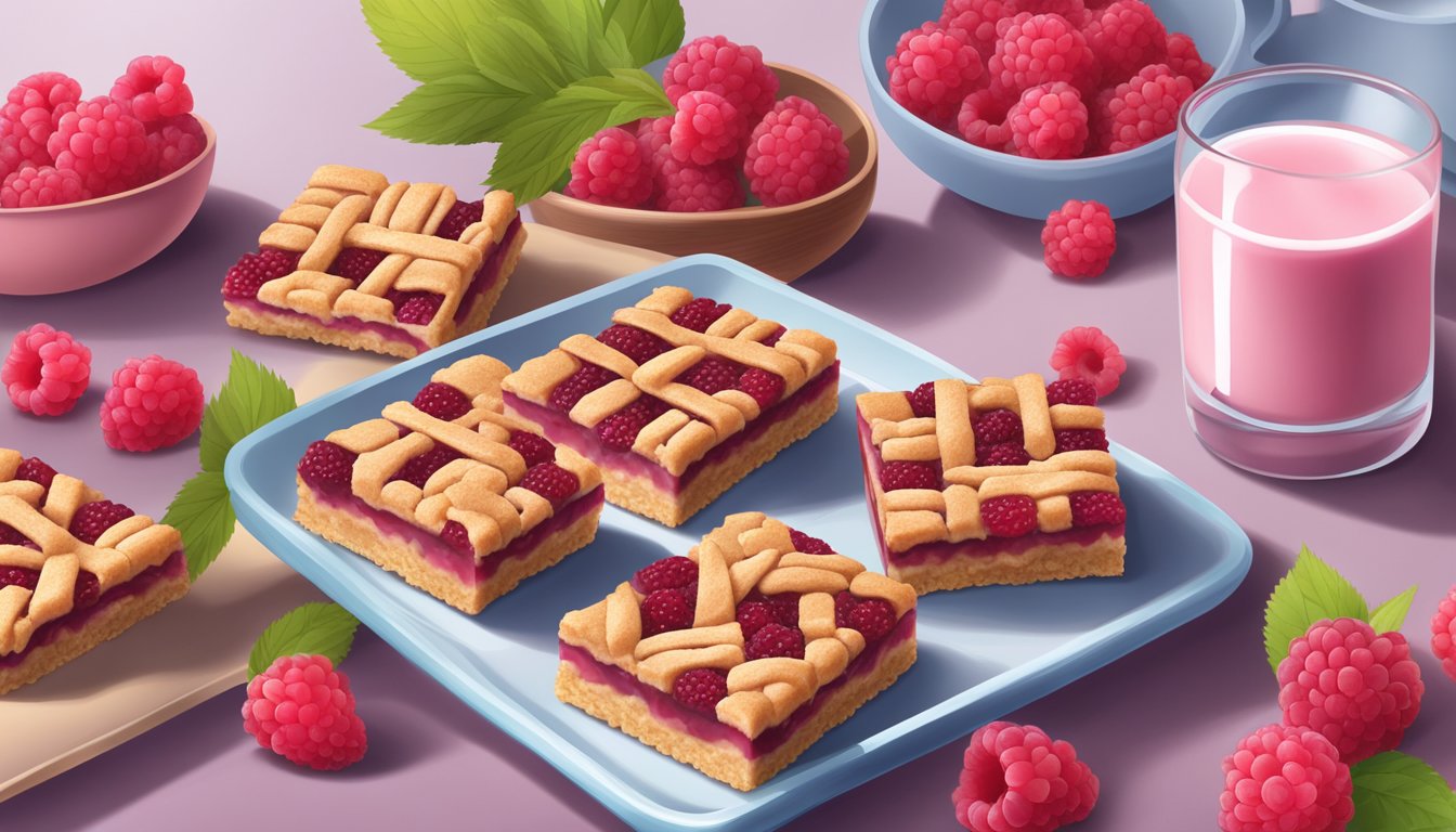 A table with a variety of Nutri-Grain Raspberry bars, surrounded by fresh raspberries and a glass of milk