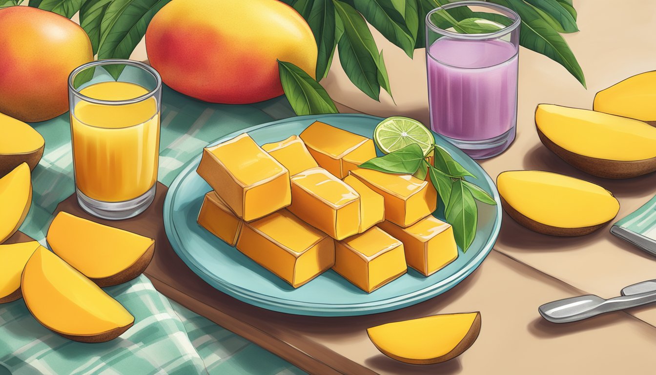 A table with Trader Joe's mango bars, surrounded by fresh mangoes and a glass of juice