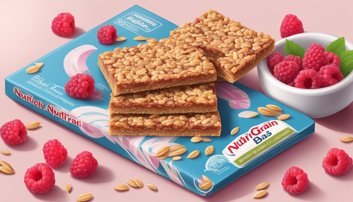 A table with a box of Nutri-Grain raspberry bars, surrounded by fresh raspberries and oats