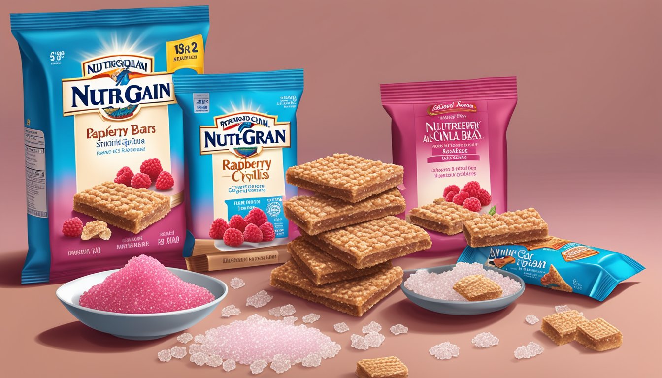 A table with a package of Nutri Grain Raspberry Bars, a nutrition label, and a scattered pile of sugar crystals