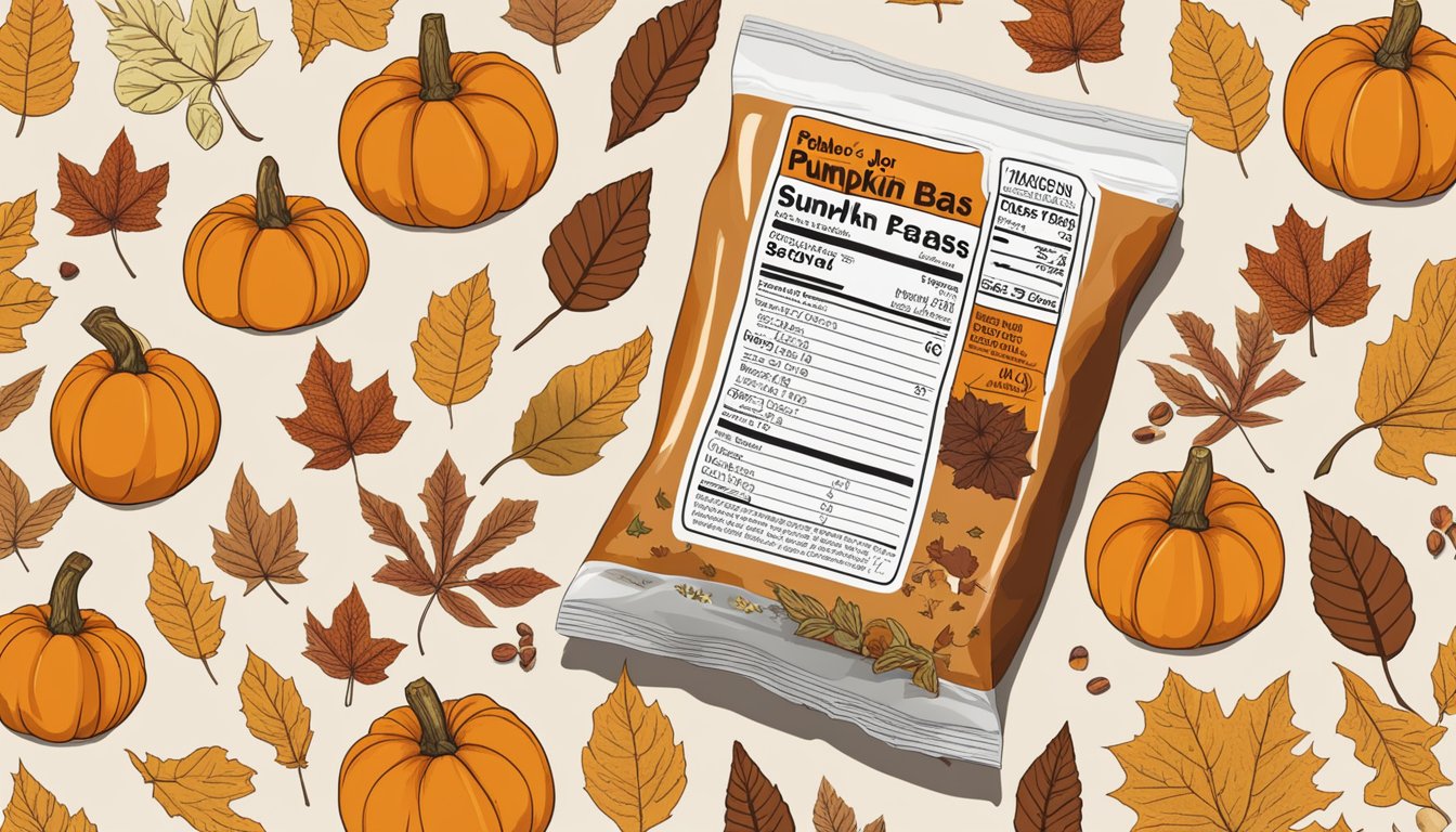 A table with Trader Joe's pumpkin bars, surrounded by autumn leaves and a pumpkin, with a nutrition label and ingredients list