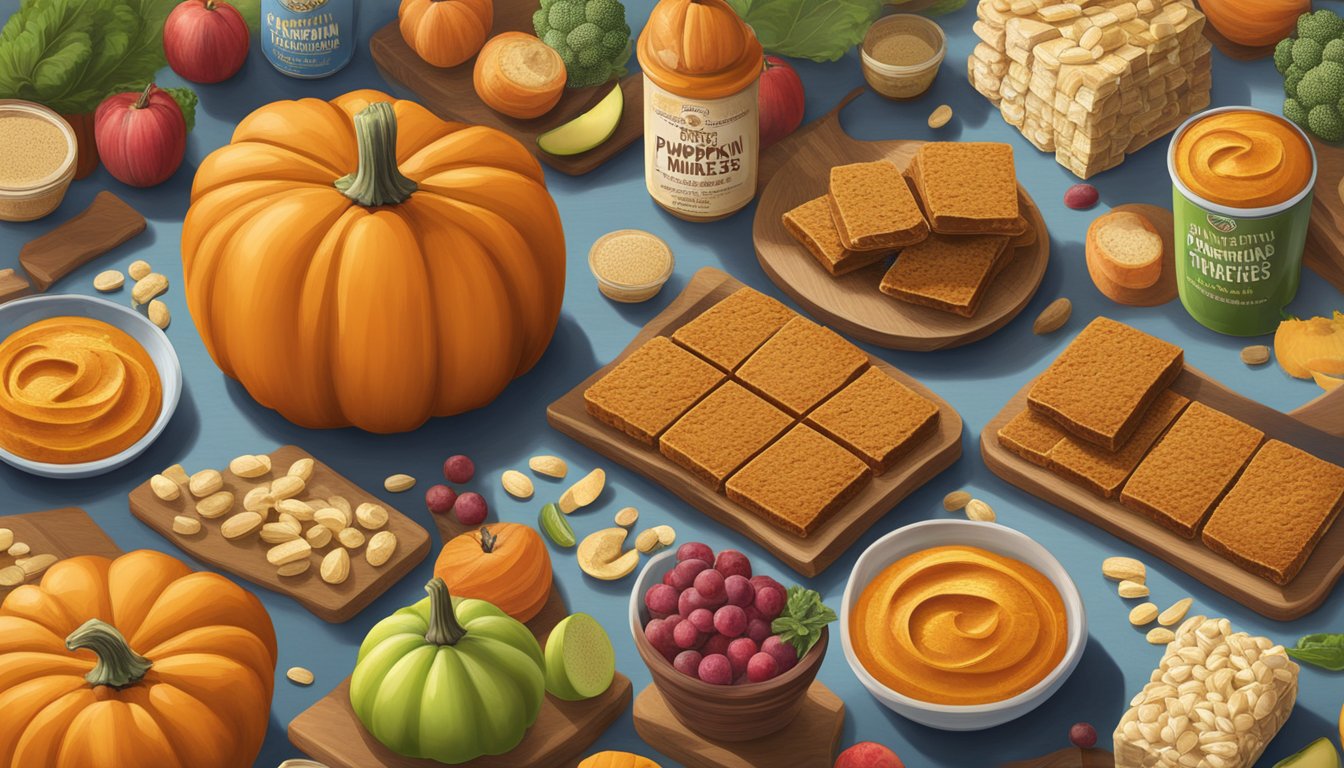 A table with Trader Joe's pumpkin bars, surrounded by colorful fruits and vegetables, with a prominent display of vitamin and mineral supplements