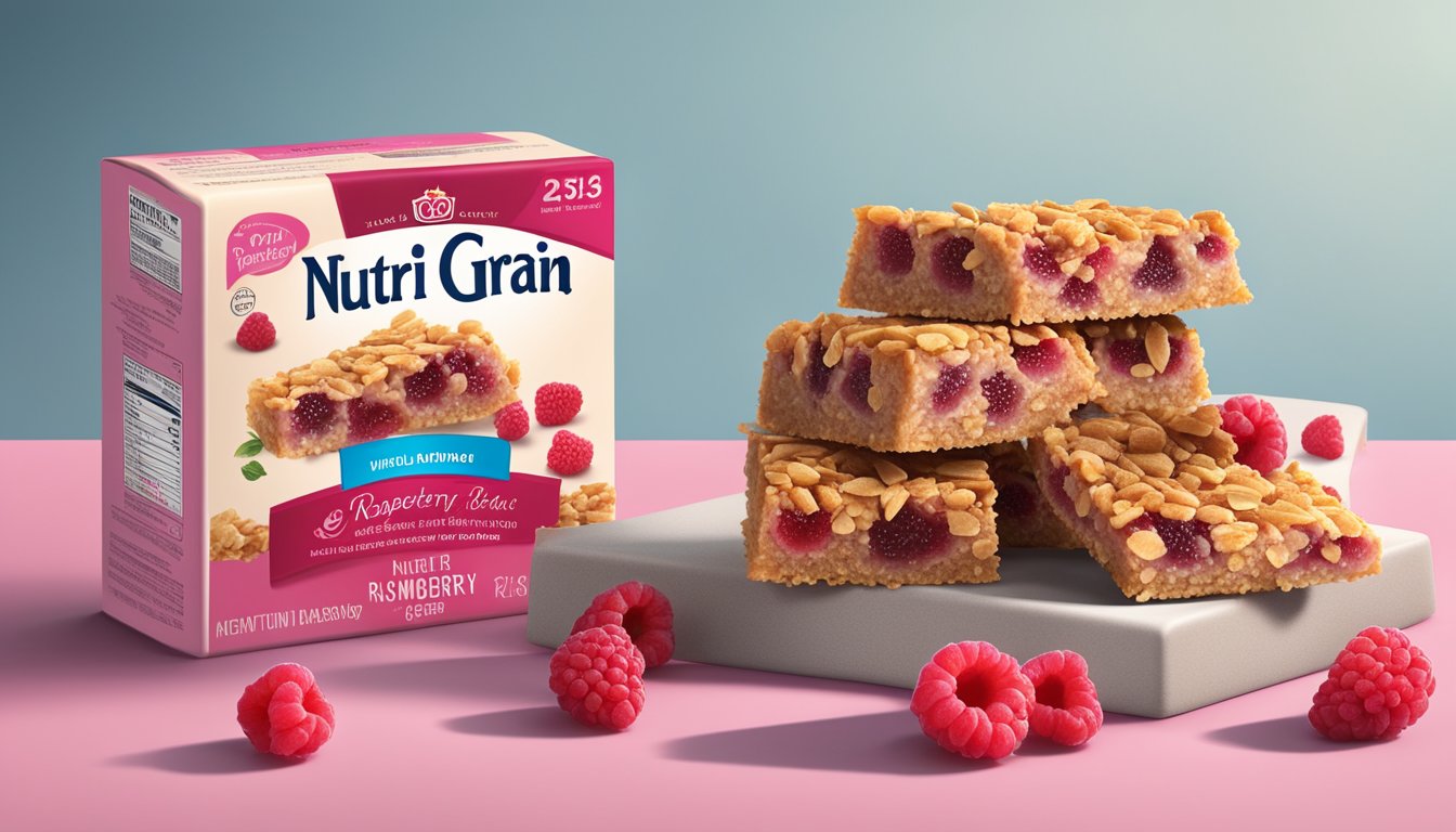 A table with a variety of Nutri-Grain raspberry bars, surrounded by fresh raspberries and a nutrition label