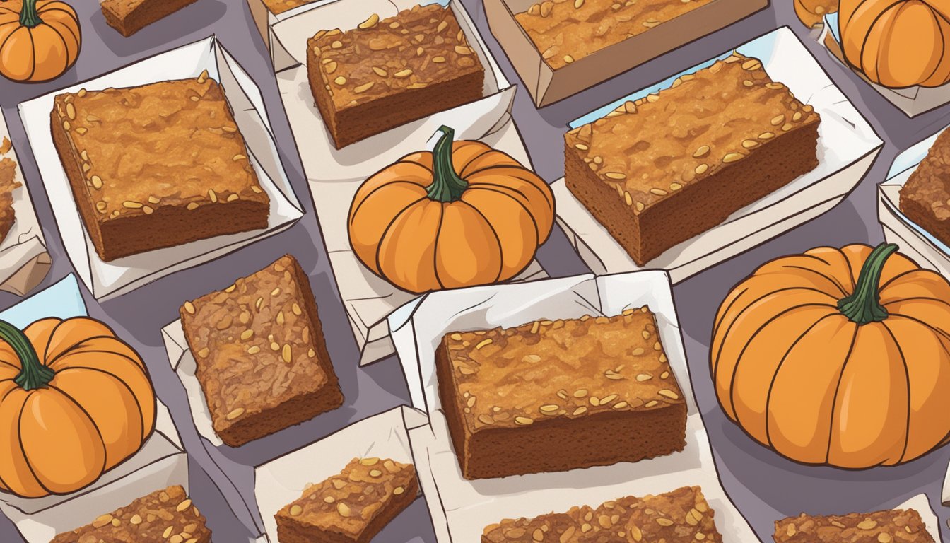 A table with open boxes of Trader Joe's pumpkin bars, surrounded by scattered ingredients and allergy warning symbols