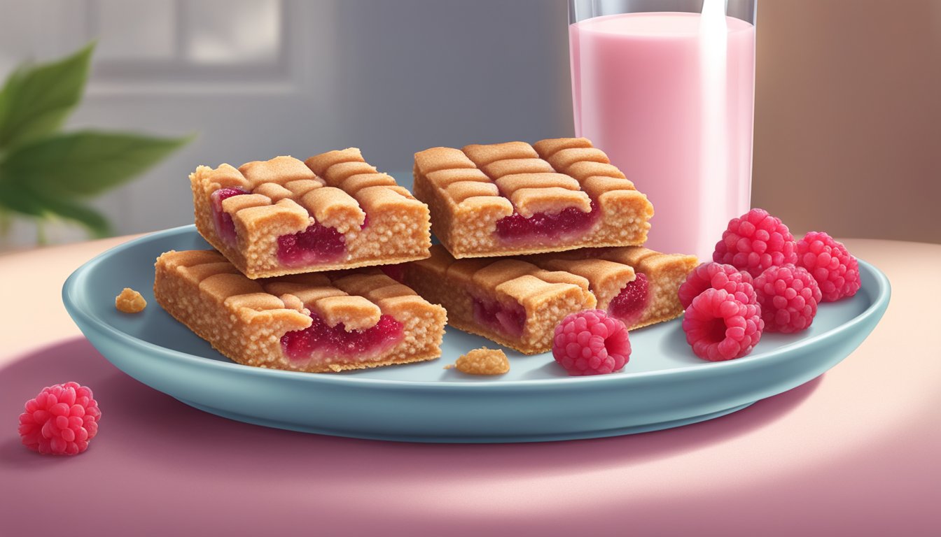 A table set with a plate of Nutri Grain raspberry bars, surrounded by fresh raspberries and a glass of milk