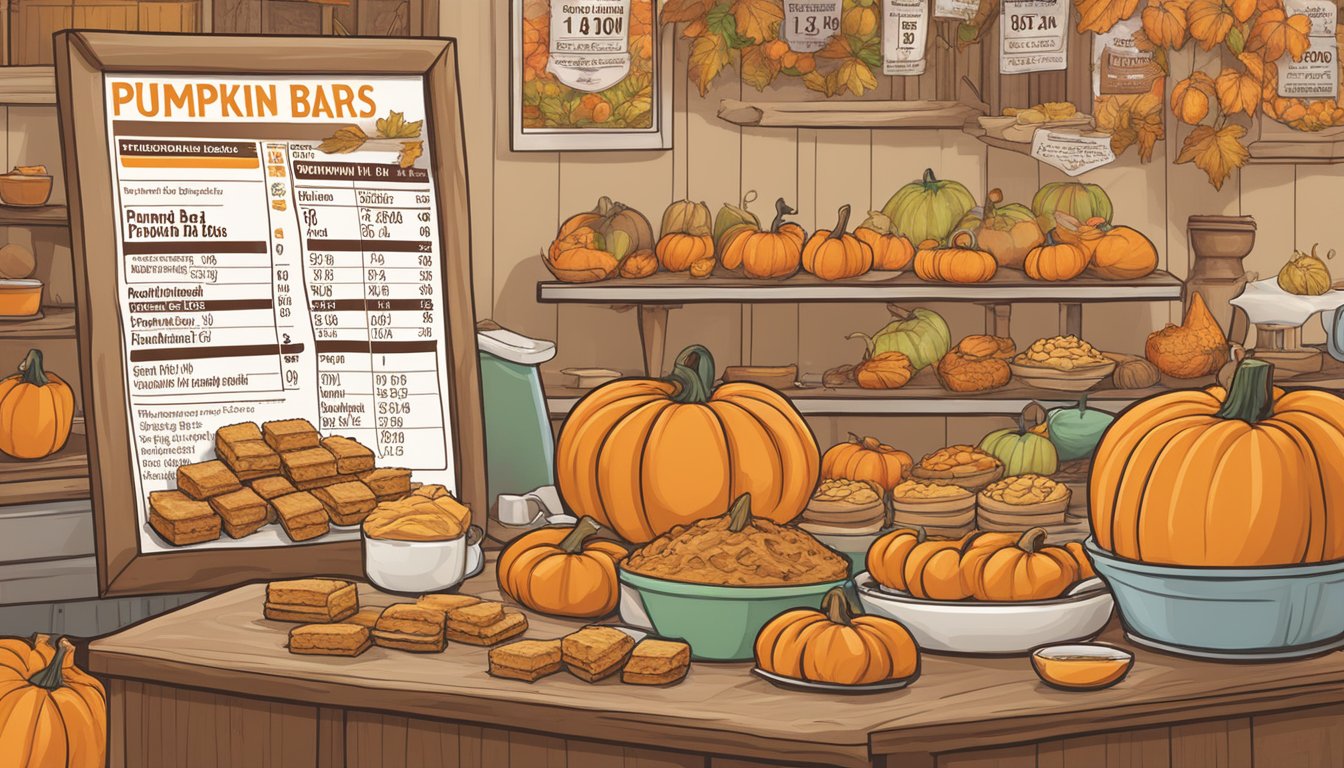 A table displaying nutritional facts for Trader Joe's pumpkin bars, surrounded by various pumpkin-themed decorations