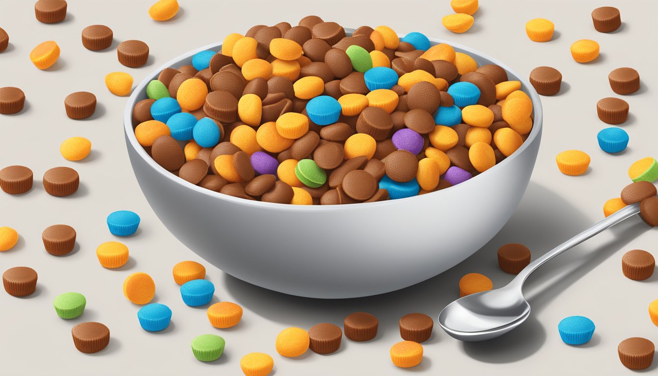 A bowl of Reese's Puffs Treats surrounded by scattered cereal pieces and a spoon