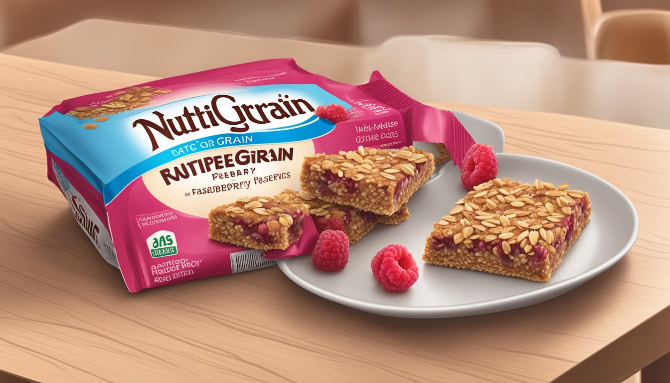 A table with two Nutri-Grain Raspberry bars, surrounded by scattered oats and raspberries. A nutrition label is visible next to the bars