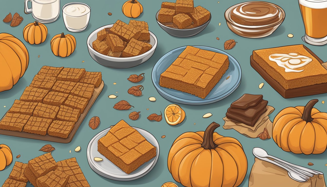 A table with Trader Joe's pumpkin bars, surrounded by various dietary consideration symbols and nutritional facts