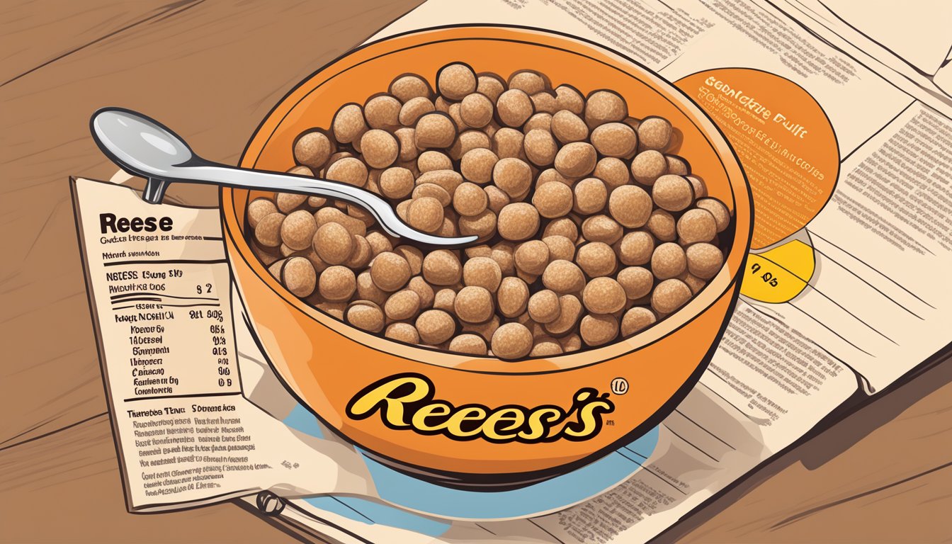 A bowl of Reese's Puffs cereal with milk, a spoon, and the nutritional facts label on the side