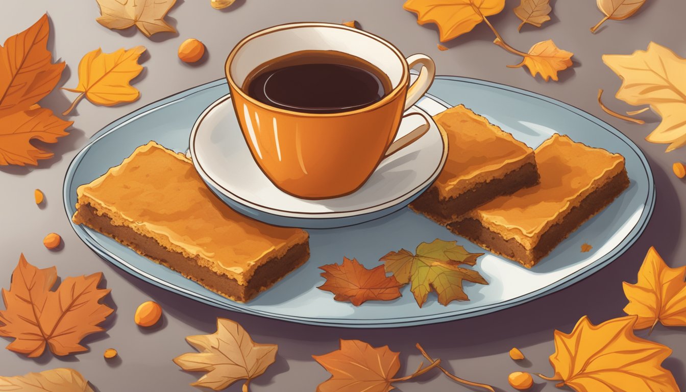 A plate of Trader Joe's pumpkin bars surrounded by fall leaves and a warm cup of tea