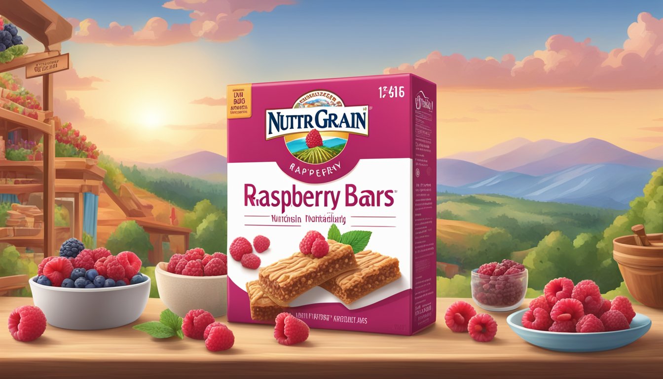 A table displaying Nutri Grain raspberry bars with nutritional facts, surrounded by various fruits and a market setting