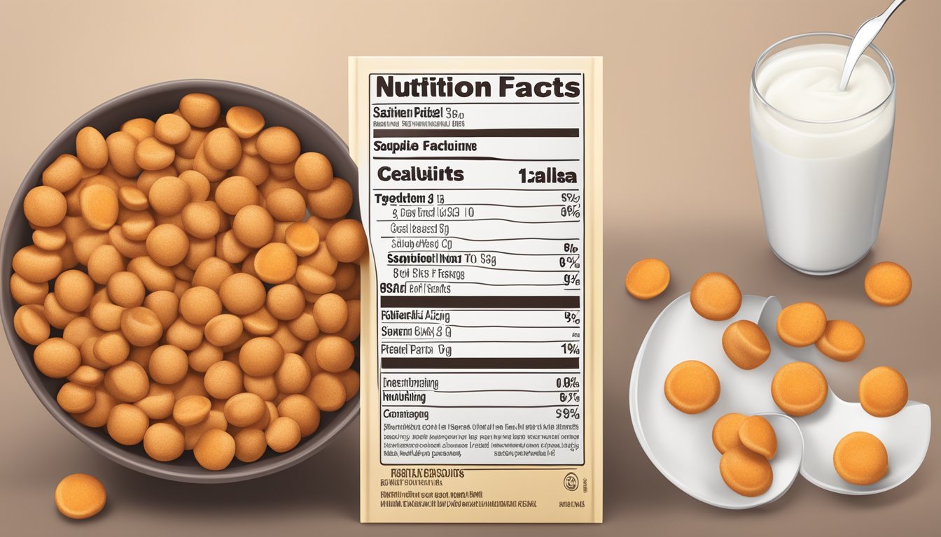 A bowl of Reese's Puffs cereal with milk, a spoon, and the nutritional facts on the packaging