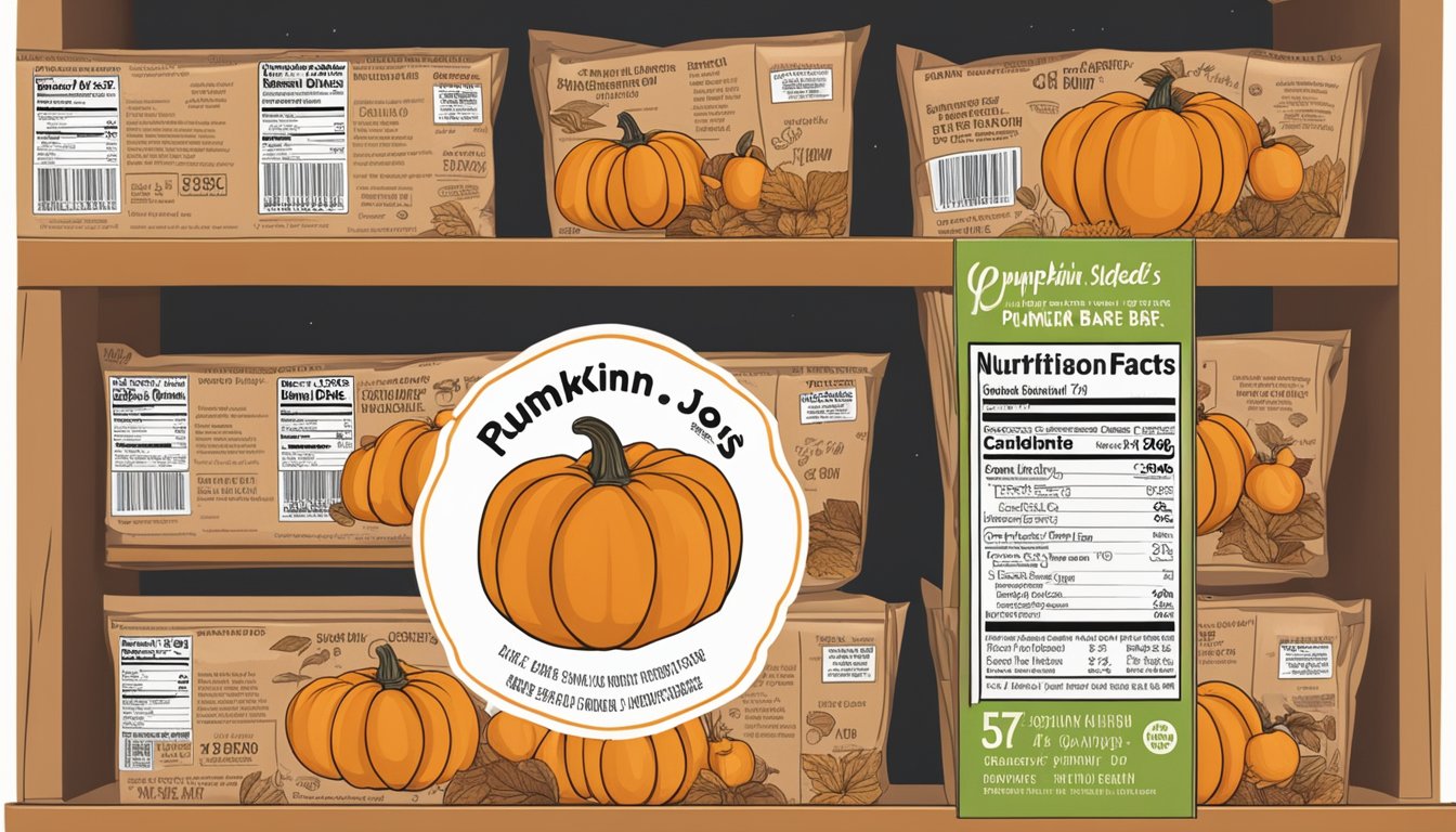 A pantry shelf with neatly stacked boxes of Trader Joe's pumpkin bars, surrounded by the nutritional facts label and expiration date