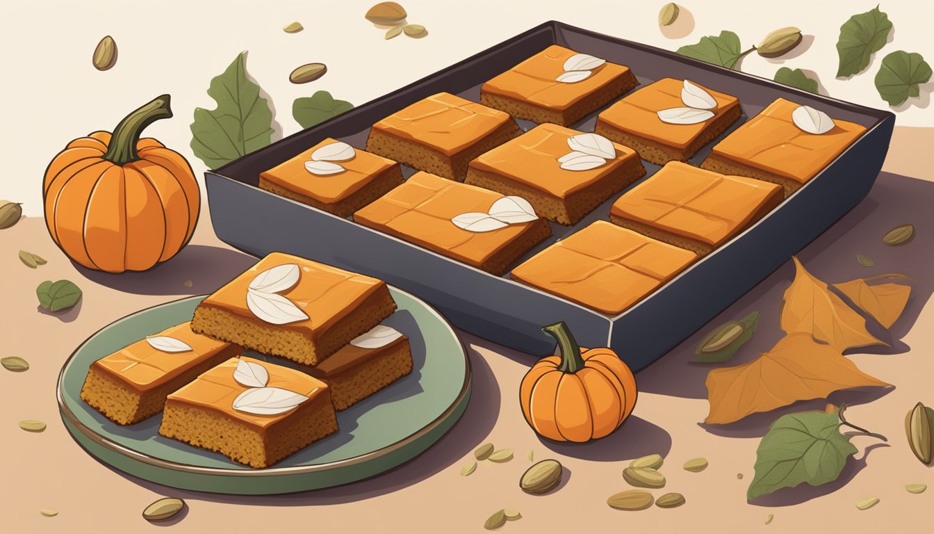 A table with a plate of pumpkin bars, surrounded by scattered pumpkin seeds and a small pumpkin. A Trader Joe's logo is visible on the packaging