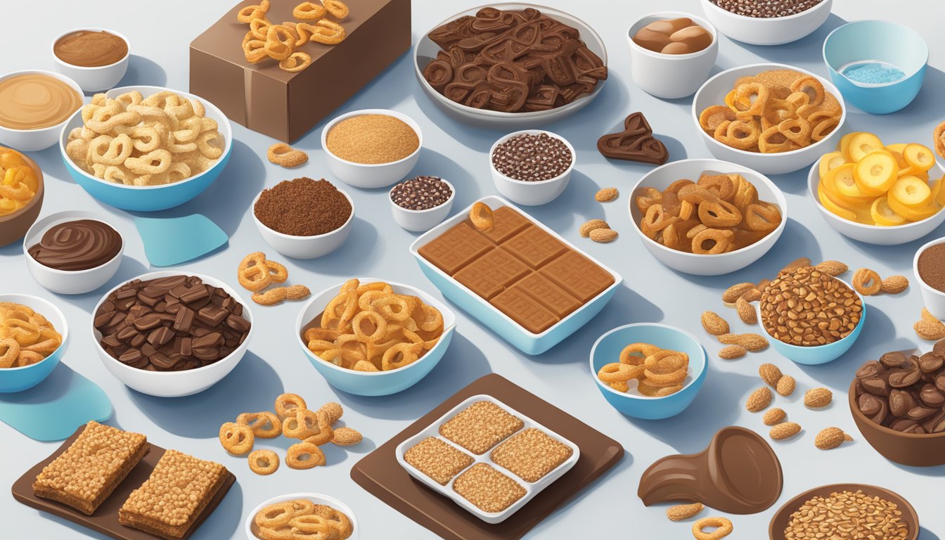 A table with a labeled package of Special K chocolatey pretzel bars, surrounded by measuring cups filled with various macro and micronutrient-rich foods