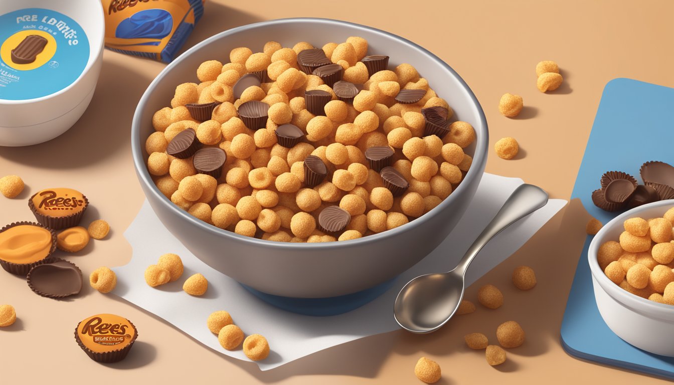 A bowl of Reeses Puffs cereal surrounded by scattered nutritional facts and ingredients, with a spoon resting on the side