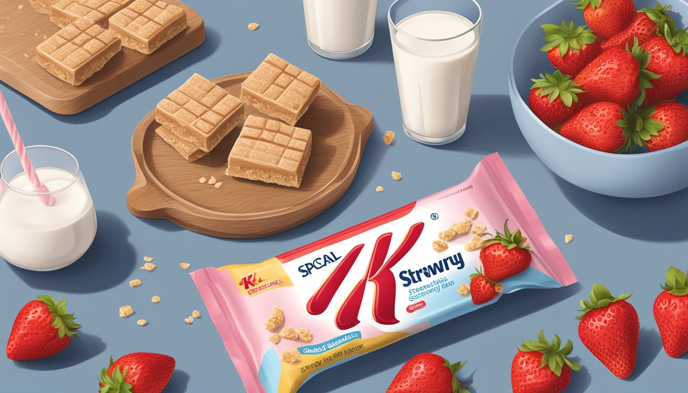 A table with a package of Special K strawberry protein bars, surrounded by fresh strawberries and a glass of milk