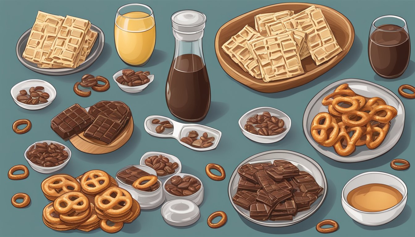 A table with scattered chocolatey pretzel bars, surrounded by nutritional labels and ingredients