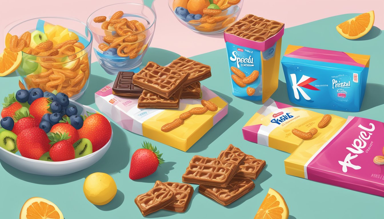 A table with a box of Special K chocolatey pretzel bars, surrounded by various fruits and a glass of water