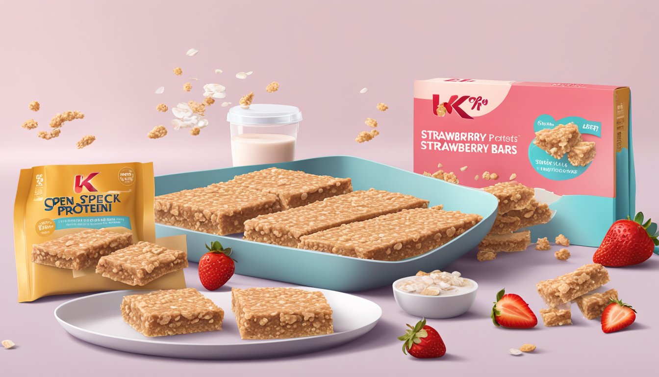 A table with open special k strawberry protein bars and scattered nutritional facts